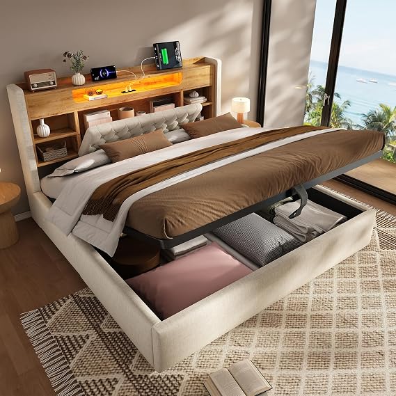 King Size Ottoman Bed Frame with Storage, Hydraulic Lift Up Bed with Charging Station & LED Lights, 5ft Upholstered Platform Bed Frame with