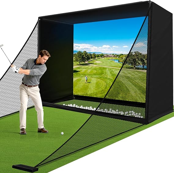 Golf Simulator Enclosure Net 10x8FT Golf Practice Simulator with HD Impact Screen Kit & Sturdy EPE Foam-Filled Frame Golfs Cage Net with Safety Side Nets for Home Indoor Setup