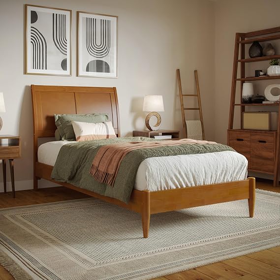 AFI, Valencia Twin XL Solid Wood Low Profile Sleigh Platform Bed, Light Toffee