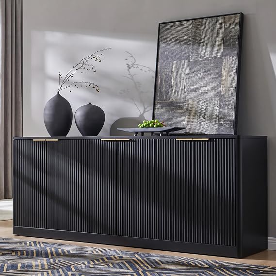 67" Fluted Black Buffet Cabinet with 6 Doors Storage