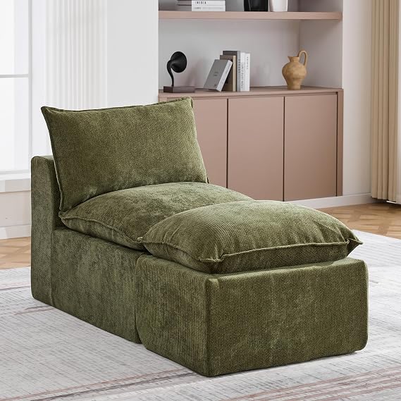 29" Boneless Cloud Sofa with Ottoman, Modular Sectional Single Couch, Green | Modular Sectional Sofa for Living Room, No Assembly, Soft Chenille Fabric