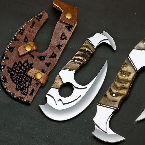 Zymise TANGDIAABBCC JUSTRAREKNIVES USA Special Edition: 8.75? Dual Blade Custom Handmade D2 Tool Steel Viking Cleaver, Ram Horn Handle (JRK44)