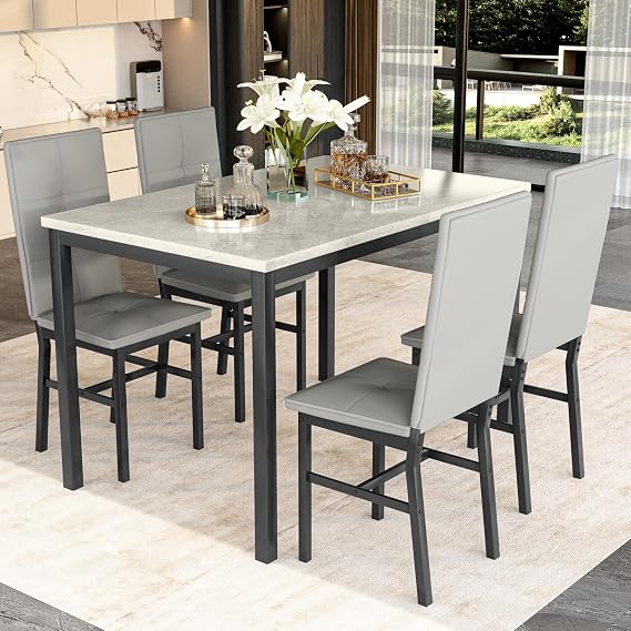 HOOSENG Dining Table and Chairs Set 4, Faux Marble Kitchen Table with 4 PU Leather Chairs,Modern Dining Room Table Set for Kitchen/Apartment/Small Space (Grey)