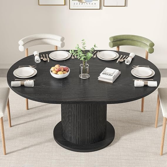 43.3 inch 59 inch Adjustable Size Round Dining Table for 4 6, Unique Design Modern Farmhouse Kitchen Table, Circle Dining Tables with Wood Strip Base for Kitchen Living Room (Black)