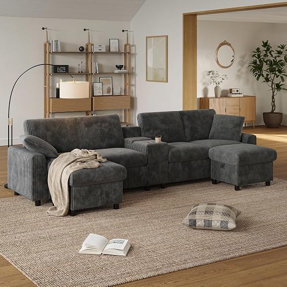 Modular Sectional Sofa W/ 2 Movable Storage Ottomans,U Shaped Couch for Living Room,Corduroy Upholstered Sofa W/Hidden Storage Box,Charging Station & Cup holders,Grey,315 x 135 x 81 cm