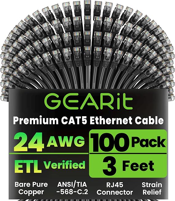 GearIT 100-Pack, Cat5e Ethernet Patch Cable 3 Feet - Snagless RJ45 Computer LAN Network Cord, Black - Compatible with 48 Port Switch POE Rackmount 48port Gigabit