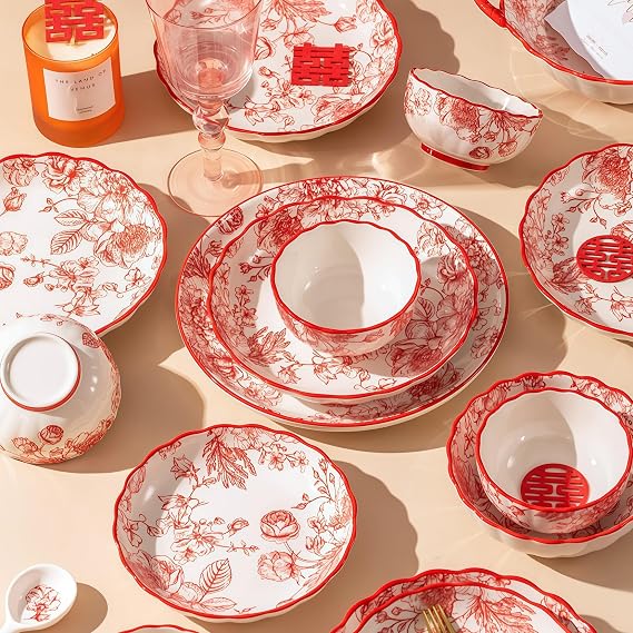 Top Porcelain China Dinnerware Set,Stoneware &Ceramic Dinnerware Sets,Ceramic Cookware Tableware Set Includes Dinner China Plates|Chinese Spoons|Pasta Bowls|Soup Pot|Chopsticks (30PCS * 6-Person Set)