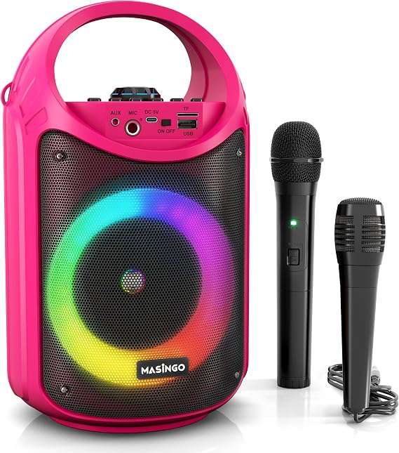MASINGO Karaoke Machine for Kids and Adults with 1 Wireless Karaoke Microphone and 1 Wired Mic, PA Portable Speaker with LED Lights, Supports TF Card/USB, AUX/MIC in, TWS for Home Party, Burletta C10