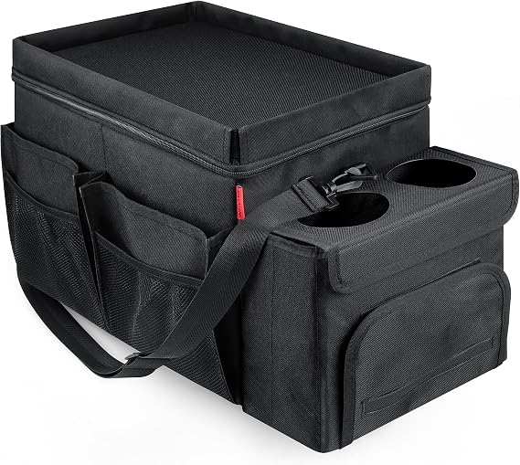 Car Organizer & Cooler Durable Oxford Fabric Exterior & Waterproof Liner, Portable Car Storage & Insulated Cooler Box with Dividers, Cup Holders & Tissue Pocket Black [2025 Upgraded]