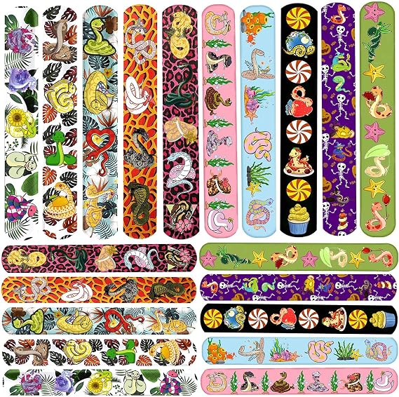 Anprola 50Pcs Snake Slap Bracelets Cartoon Snap Bracelets Cute Reptile Animal Wristbands Party Favors Decoration Supplies for Kids Birthday Party Gifts Bags Filler Classroom Prize Rewards