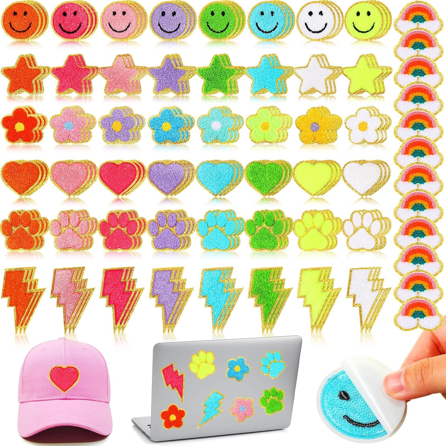 Yilloog 156 Pcs Glitter Self Adhesive Letters Chenille Clothing Patches Embroidered Repair Fuzzy Patches Alphabet Gold Trimmed Preppy Clothing Badges Sewing AppliquesRainbow, Cute