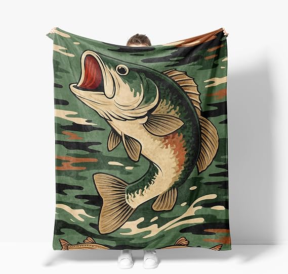Bass Blanket Fish Camo Fleece Basses Throw Blanket Super Soft Warm Cozy Fuzzy Plush Bass Blanket Fishing Gifts for Men Women Girls Boys Kids Teens Fashing Fans Room Decor 40"X50"
