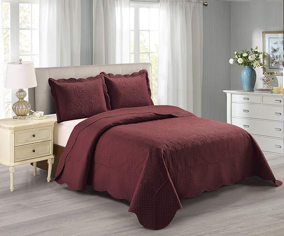 Home Collection 3 Piece Over Size Embossed Solid Color Coverlet Bedspread New # Veronica (Burgundy, Full/Queen)