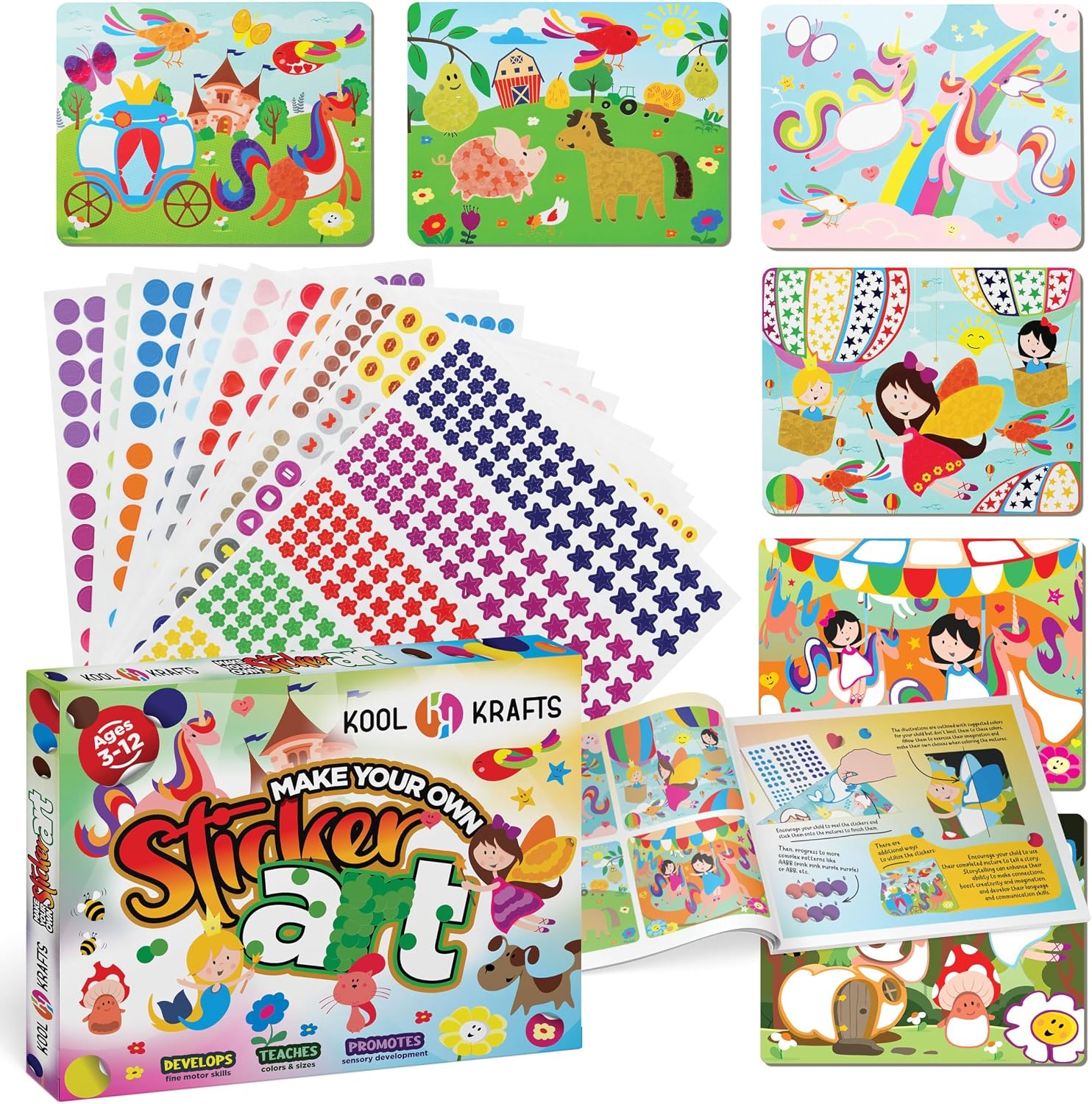 Princes, Fairies, Unicorns, Sticker Art Activity - 8 Large Colorful Sticker Fill in Projects - Mess Free Sticker Art for Kids, Craft Kits, DIY Activity, Gifts for Girls & Boys Ages 3, 4, 5, 6, 7, DIY