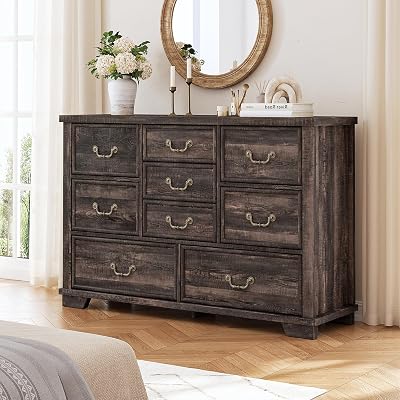 Farmhouse Dressers for Bedroom with 9 Drawers and Antique Handles and Smooth Rail, 51.97 Long Dresser TV Stand for Sitting Room, Entryway, Dark Rustic Oak