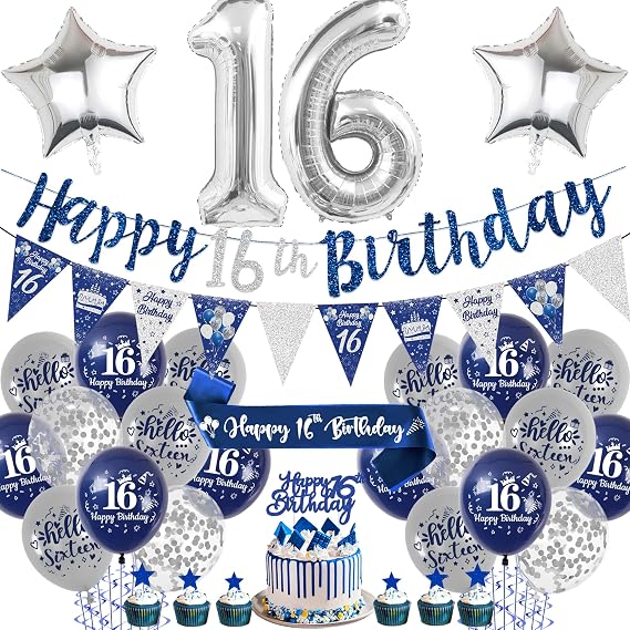 16th Birthday Decorations Boy - Blue and Silver Happy Birthday Banner Balloons Cake Topper Number 16 Foil Balloon, Sash Bunting Party Supplies for 16 Years Old Theme Decor