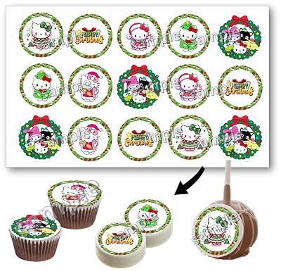 Hello pink Kitty cat for Christmas Kitty Kawaii Oreo cookies covered images, cupcake topper printed on edible paper sugar icing sheet, for cookie decorating, 15 circles 2 each PRE CUT cute Cat.