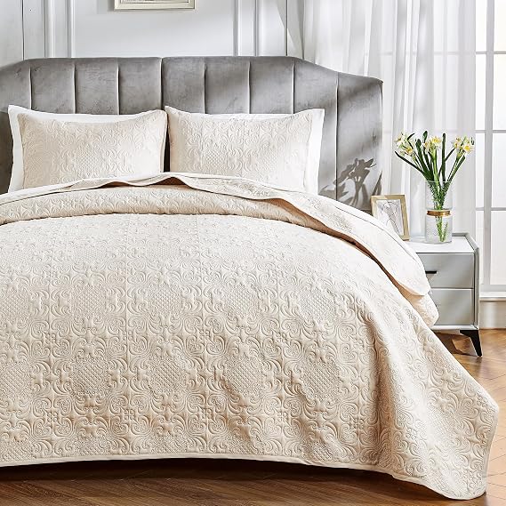 Qucover Quilted Bedspreads Double, Lightweight Bed Cover Quilt Sets Beige