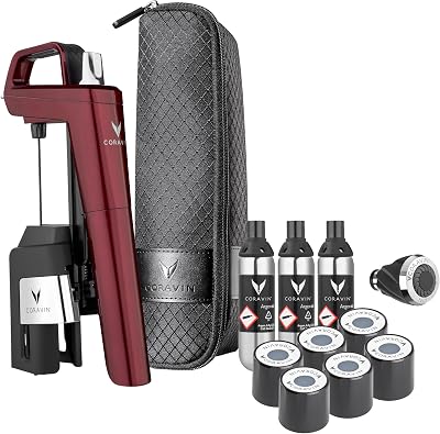 Coravin Timeless Six Plus Wine Preservation System - By-the-Glass Wine Saver - With 3 Pure Argon Gas Capsules, 6 Screw Caps & Wine Aerator - Burgundy