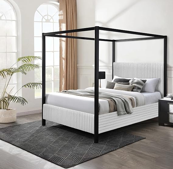 Modern King Size Canopy Bed Frame, Upholstered Headboard with Vertical Channeling, Metal Frame, Contemporary Bedroom Furniture, Box Spring Required, 85.4x78.2x82.5 Inch (Light Gray)