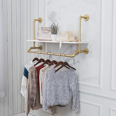 Tianman 40,Gold,White,Industrial Detachable Wall-Mounted Black Iron Wooden Garment Bar,Heavy Duty Pipe Clothing Rack,Pipe Clothes Rack, Multi-Purpose Hanging Rod for Closet Storage