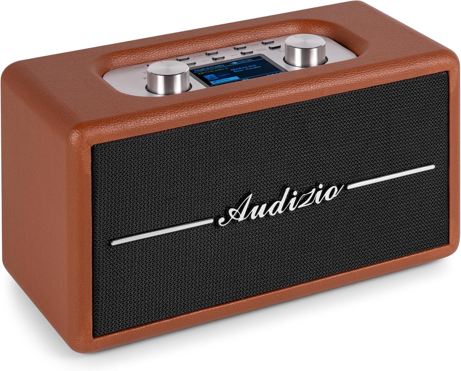 Audizio Tune60 DAB Radio with Bluetooth Speaker Remote Control FM 40 Watt Battery Mains Operated LCD 20 Memory Slots USBTF AUX Alarm Clock Leather Vintage DAB Radio Brown
