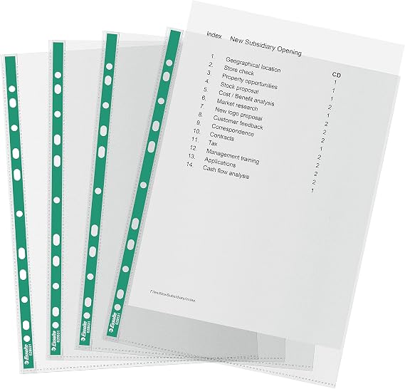 Esselte A4 Punched Pockets, 100 x Poly Pockets, 34 Micron Thickness, Clear Embossed A4 Pockets With Punched Reinforced Green Spine, Ideal For Lever Arch Files & Ring Binders (Pack of 100), 628531