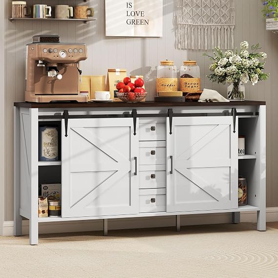 HOMCOM 59 Inch Farmhouse Sideboard Buffet Cabinet Distressed White | Thick Top, Coffee Bar Cabinet, 2 Sliding Barn Doors, 4 Drawers, 2 Adjustable Shelves, for Kitchen