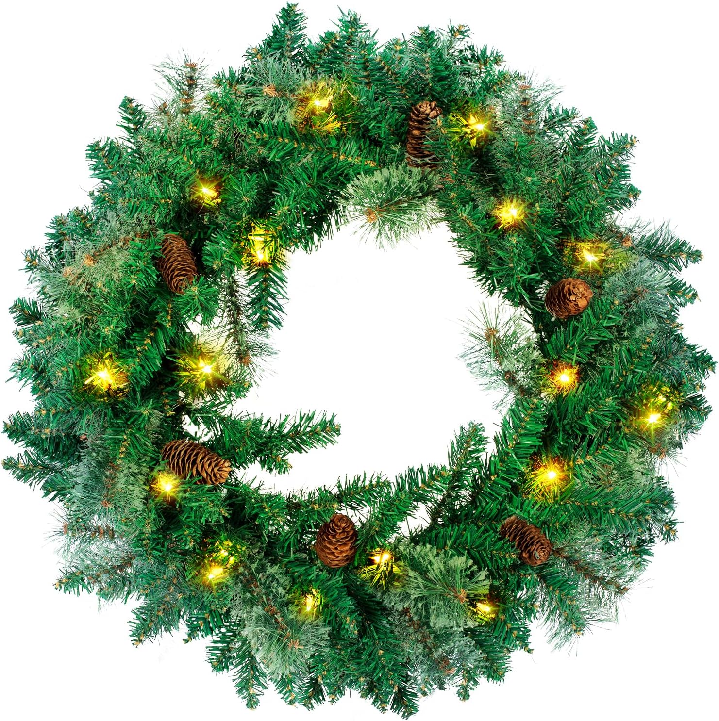 NALONE 24 Inch Christmas Wreath, Pre-Lit Artificial Christmas Wreaths with 40 LED Lights&Timer, Pine Cones and Pine Needles, Xmas Wreath for Front Door Outdoor Indoor Decoration Green