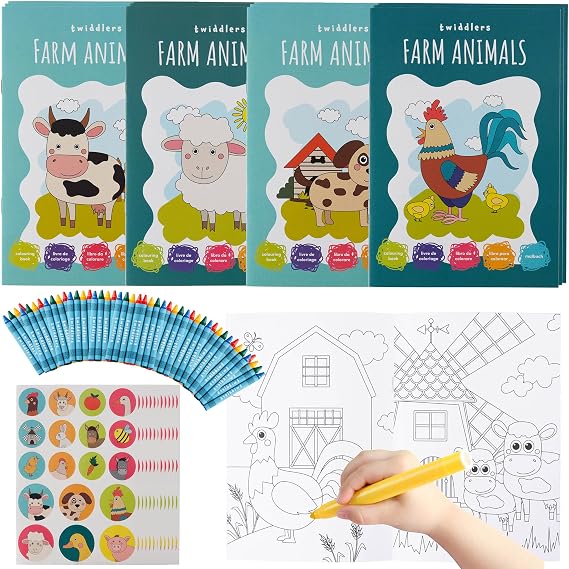 THE TWIDDLERS - 12 Bundle Pack Coloring Books with 48 Crayons & 216 Stickers (Farm Animals) - Mini Coloring Books for Kids Ages 4-8, DIY Art Drawing Activity Book for Toddlers, Birthday Party Favors