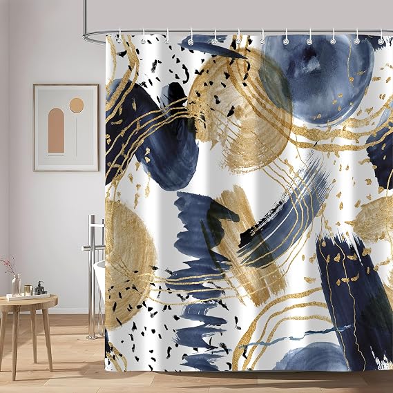 Abstract Blue Gold Shower Curtain, Navy and Gold Shower Curtains Watercolor Art Modern Decor for Bathroom Set, Waterproof Fabric with 12 Hooks, 72x72 Inch