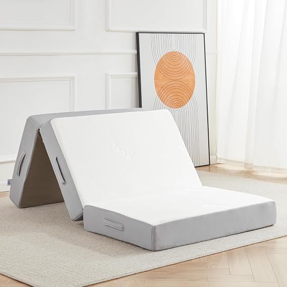 Lazyzizi Folding Mattress, 6 Inch Memory Foam Tri-fold Mattress with Breathable & Washable Bamboo Fiber Fabric Cover, Foldable Floor Guest Bed for Camping, Road Trip, Twin