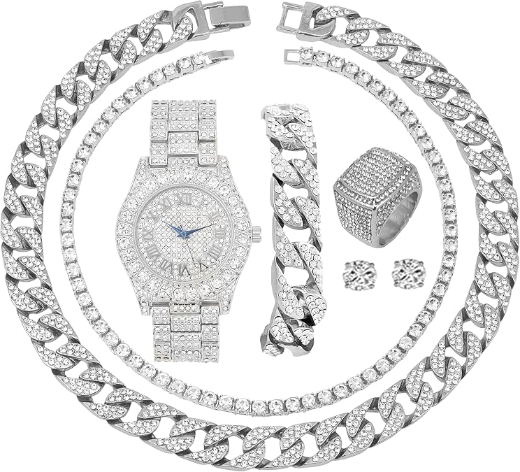 Charles Raymond Fully Iced Mens Big Rocks Bezel Color Dial with Roman Numerals, Cuban Chain Bracelet, Cuban Necklace, Tennis Chain & Ring - ST10327CRNT