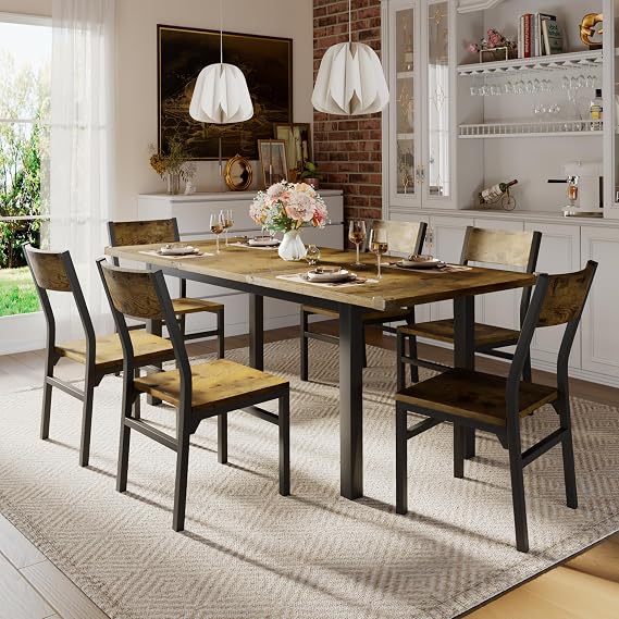 iPormis 7-Piece Dining Table & Chairs Set for 4-6, 63" Extendable Kitchen Table with 6 Chairs, Dining Room Table with MDF Board & Metal Frame, Perfect for Small Space,Easy Assembly, Rustic Brown