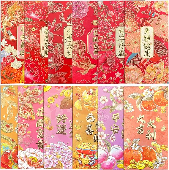 12Pcs Chinese New Year Red Envelopes, Large Hong Bao Lucky Money Cash Envelopes Red Packets Lai See for Lunar New Year, Spring Festival, Wedding, Birthday, etc, 9X17CM