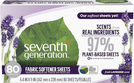 Seventh Generation Fabric Softener Sheets, Fresh Lavender scent, 80 count (Packaging May Vary)