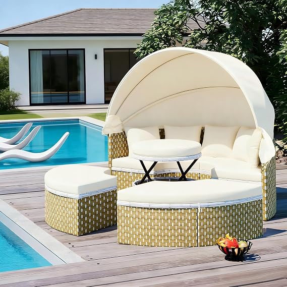KEVINSPACE Patio Outdoor Daybed with Retractable Canopy, Washable Cushions Furniture Round Daybed Outdoor Wicker Rattan Sectional Sofa Couch Set for Patio Lawn Backyard Pool Porch 65" Beige