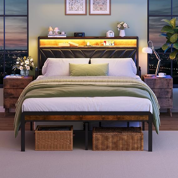 Rustic Brown Bed Frame - Full Size Metal Bed Frame with Upholstered Storage Headboard and LED Lights, Industrial Bed Frame with Charging Station and Metal Support, Black & Brown