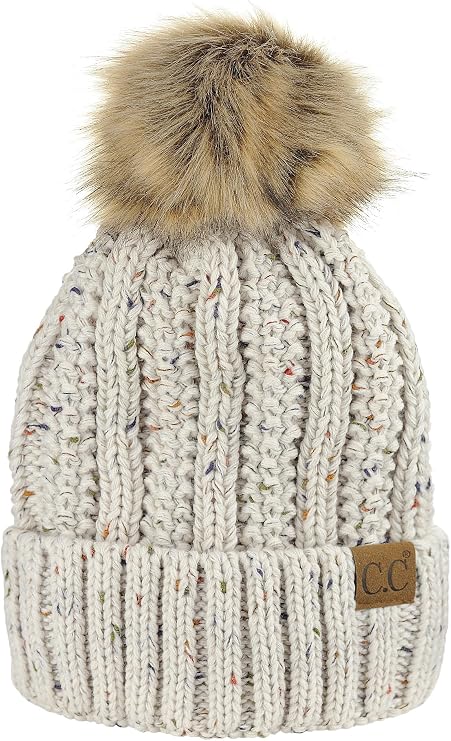C.C Thick Cable Knit Faux Fuzzy Fur Pom Fleece Lined Skull Cap Cuff Beanie