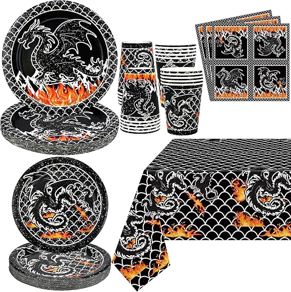 Dragon Birthday Party Decorations Serves 20 Guests, Including Dinner Plates, Dessert Plates, Cups, Napkins, Tablecloth, Straws, for Dragon Theme Party Supplies