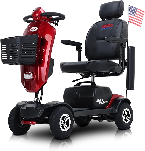 Folding Mobility Scooters for Seniors Adults, 4 Wheels Outdoor Compact Electric Powered Mobile Wheelchair Device for Elderly, Collapsible and Compact for Travel, Max Plus, Red