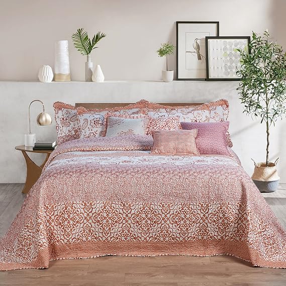 Home Soft Things 9-Piece Oversized King Bedspread Set - 122 x 106 Lightweight Reversible Microfiber Quilt Coverlet Bedding - All Season Farmhouse Chevron & Floral Scroll - Coral Orange/Off-White