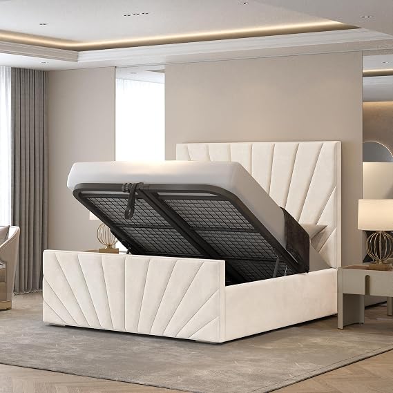 Sunrise Ottoman Bed Double 4ft6, Plush Velvet Gas Lift Double Beds Frame with Storage, Luxury Frame with Headboard, Space Saving Double Ottoman Bed for Stylish Bedrooms in Cream Plush