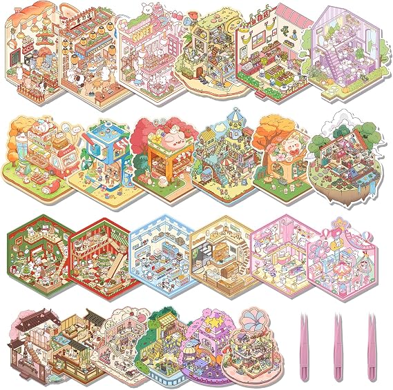 24 Sets DIY 3D Sticker Scene Sticker Cute Cartoon Stickers Scene