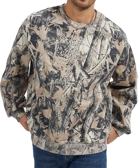Mens Camo Sweatshirt Crewneck Pullover Fleece Hoodies Casual Oversized Long Sleeve Maple Leaf Graphic Print Tops