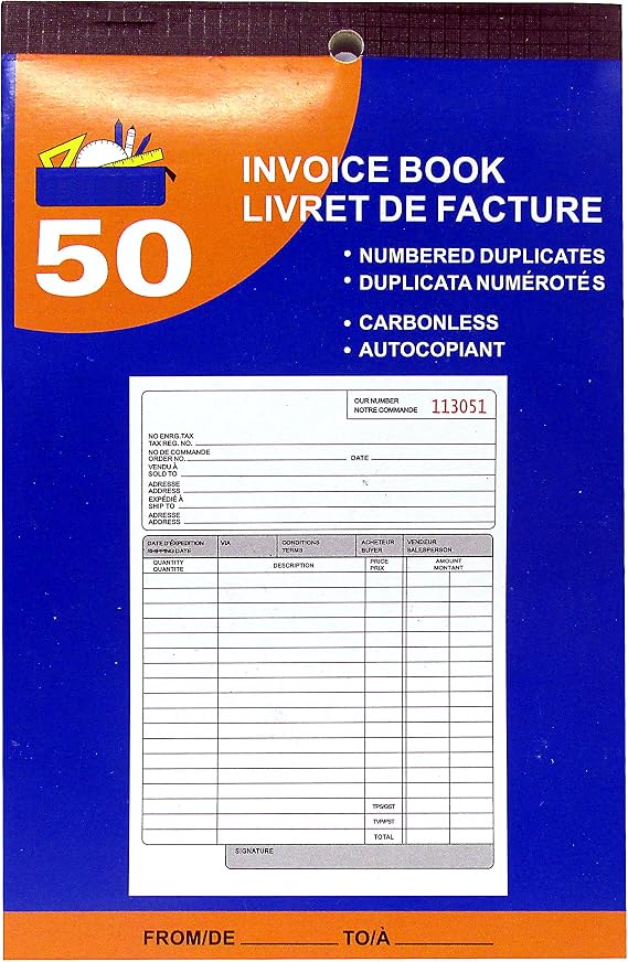50 Sheet Invoice Books, 2-Part, Carbonless, White/Canary, 5.25" x 7.25" - (1 Book)