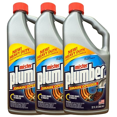 Mister Plumber Professional Formula Drain Opener, 32 Fl Oz "No-Glug" Easy-Pour Bottle, 3-Pack