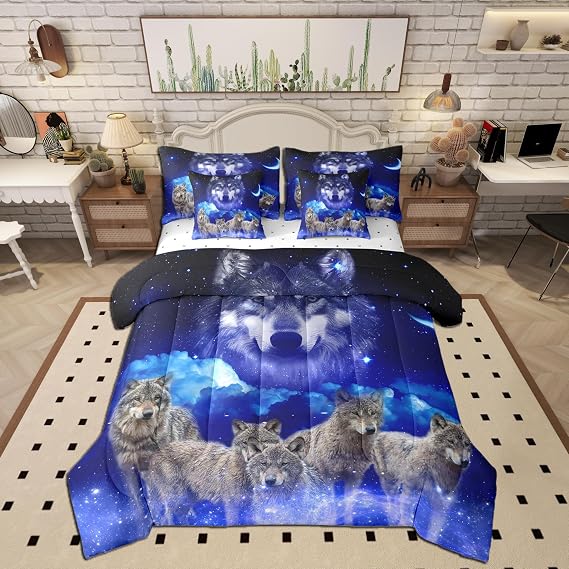 Castle Fairy Wild Wolf Reversible Comforter Set 7 Piece Full Size,Gray Wolves Animal Print Bed Sheet Set Navy Blue Starry Night Galaxy Moon Bedding Set with Comforter,Fitted & Flat Sheet
