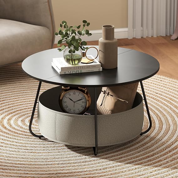 Manora Round Coffee Table with Cloth Storage Basket, 31.5 Inch, Black Frame