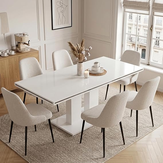 JIEXI Dining Table and Chairs Set 6, 140-180 cm Extendable Rectangular Kitchen Table with Upholstered High Back Chairs, Modern Dining Room Furniture Set for 6 People